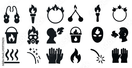 Fire and safety solid icons set – filled, flame, hazard and protection symbols