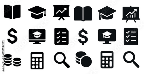 Education and finance solid icons set – filled, academic, monetary symbols