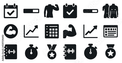 Fitness and workout solid icons set – filled, gym, exercise symbols