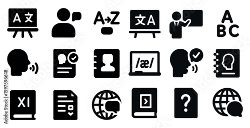 Language learning icons set: solid, filled, education and communication symbols