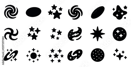 Space and galactic icons set: silhouette, filled, cosmic and universe symbols