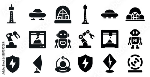 Futuristic technology solid icons set – innovation, ai, robotics symbols