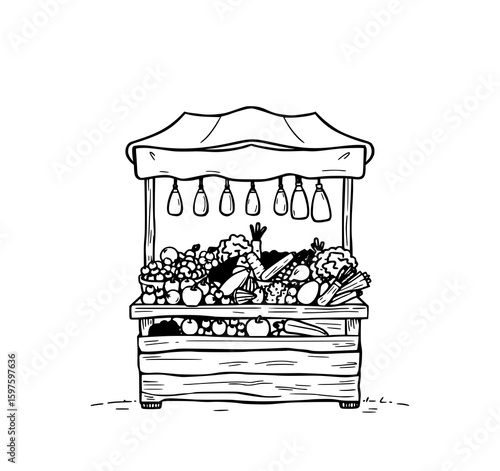 Farmer's Market Stall: A charming line art illustration depicts a rustic wooden fruit and vegetable stand, showcasing a vibrant array of produce under a simple awning.
