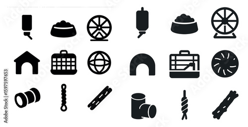 Pet care solid icons set – silhouette, filled, animal and grooming symbols