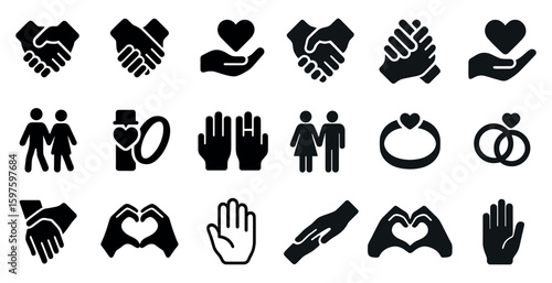 Love and marriage solid icons set – filled, couple, relationship symbols