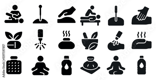 Massage and therapy solid icons set – filled, wellness, relaxation symbols
