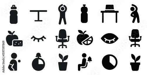 Fitness and exercise solid icons set – filled, silhouette, training and wellness symbols