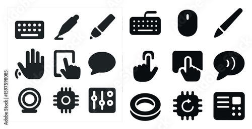 Communication solid icons set – flat, filled, chat and tech interaction symbols