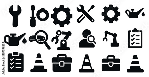 Industrial tools solid icons set – equipment, machinery, and workshop symbols