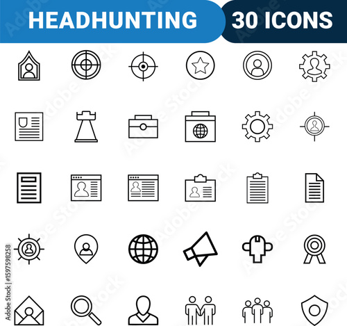 Collection of outline icons representing headhunting recruitment human resources and career development concepts