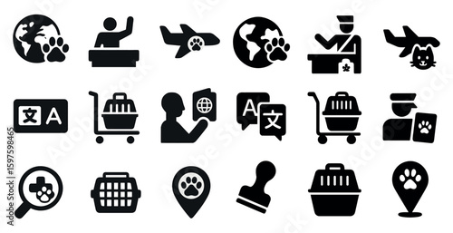 Pet travel silhouette icons set – solid, animal transport, journey symbols