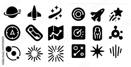 Space exploration solid icons set – filled, silhouette, cosmic symbols
