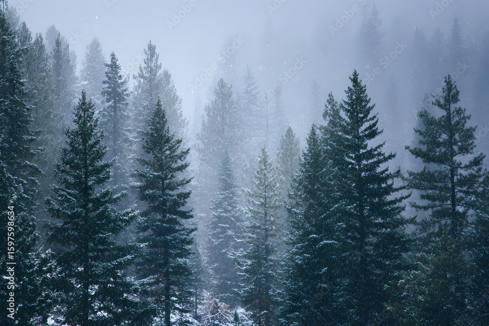 Obraz premium Tall Pine Trees with Light Snowfall and Misty Winter Atmosphere