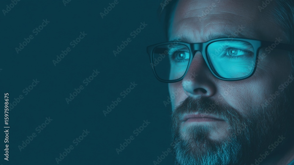 Professional man wearing glasses focuses his attention in a dark environment Professional man wearing glasses focuses his attention in a dark environment
