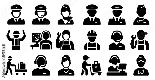 Aviation and travel silhouette icons set – solid, airline, flight symbols for design