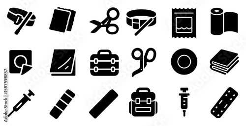 First aid and hygiene solid icons set – essentials, silhouette, health symbols