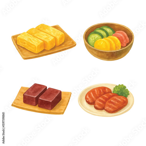  Watercolor Japanese Food Set Vol. 12—Tamagoyaki, Tsukemono, Yokan, Gyutan. Watercolor Illustration. Design Element. Clip art. Suitable for artwork design.