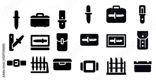 Knife and weapon solid icons set – filled, silhouette, armory symbols