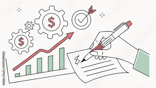 A hand sketching financial plans with graphs and gears, symbolizing business growth and investment strategies.
