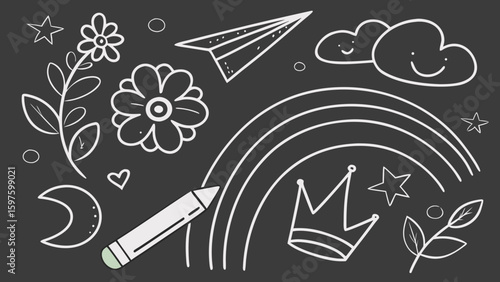 A whimsical collection of doodles featuring flowers, clouds, a rainbow, and a paper airplane on a dark background.