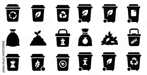 Waste management solid icons set – filled, garbage disposal, recycling symbols