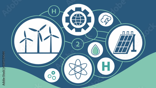 Illustration of renewable energy sources and technology, featuring wind turbines, solar panels, and sustainable elements.