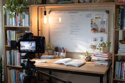 Professional Virtual Teaching Setup with Whiteboard, Bookshelf, and Natural Touches