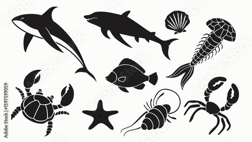 A collection of black silhouettes featuring various marine life including a shark, crab, and shrimp.