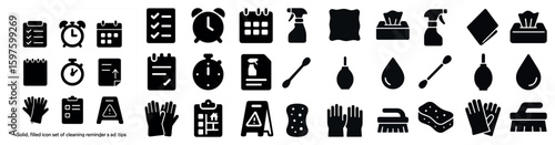 Cleaning and maintenance solid icons set – hygiene, filled, household tools