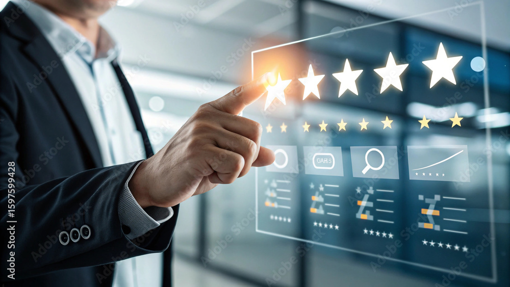 Businessman Rating Service with Glowing Stars on Transparent Screen Businessman Rating Service with Glowing Stars on Transparent Screen