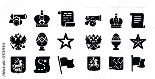 Royalty and history solid icons set – filled, silhouette, regal and heritage symbols