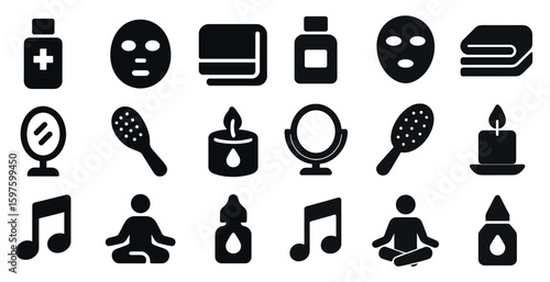 Beauty and wellness solid icons set – filled, flat, spa and skincare essentials