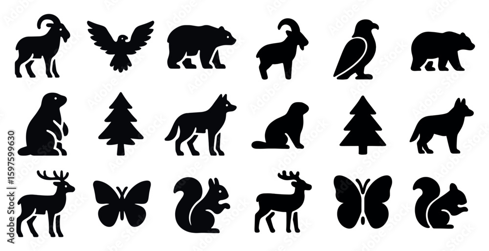 Fototapeta premium Forest animal silhouette icons set – wildlife, solid, woodland symbols