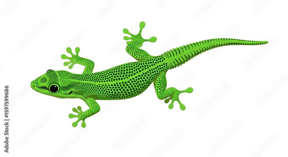 Naklejka premium Vibrant Green Gecko on White Background, Reptile Wildlife Illustration