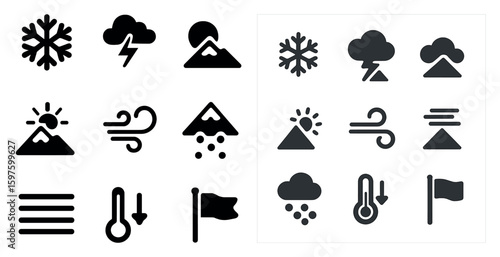 Weather and climate icons set – outline, flat, meteorological and environmental symbols