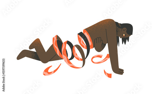 Eating disorder concept. Hungry person suffers from binge, anorexia, or bulimia. Character has psychological problems with food. Mental health. Flat isolated vector illustration on white background