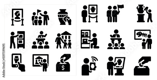 Museum and gallery silhouette icons set – exhibit, art display, cultural symbols