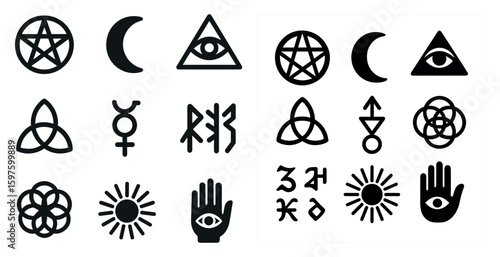 Mystical and occult outline icons set – symbols, spiritual, sacred geometry designs