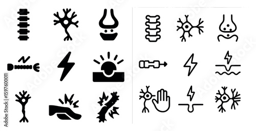 Neuroscience outline icons set – nervous system, brain, neuron vector symbols