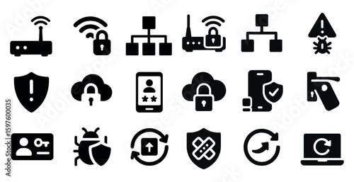 Cybersecurity solid icons set – secure, protection, data safety symbols