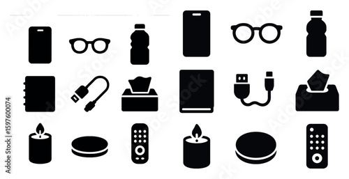 Daily essentials solid icons set – silhouette, filled, household and office symbols