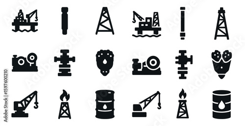 Oil and gas solid icons set – flat, filled, energy and petroleum industry symbols