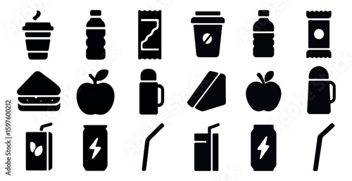 Food and beverage solid icons set – filled, silhouette, snack and drink symbols