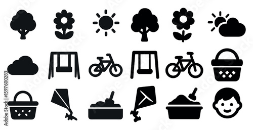 Outdoor and leisure solid icons set – filled, silhouette, nature and recreation symbols