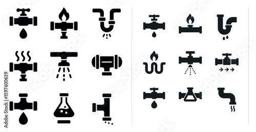 Plumbing solid icons set – flat, filled, water and pipe symbols