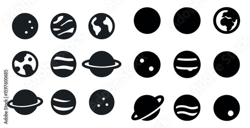 Space and astronomy silhouette icons set – planets, celestial, cosmic symbols