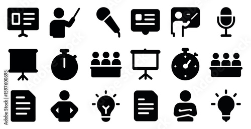 Education and presentation solid icons set – filled, teaching, learning symbols