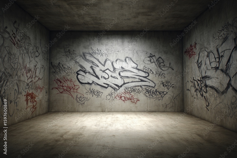 Graffiti-covered, empty room