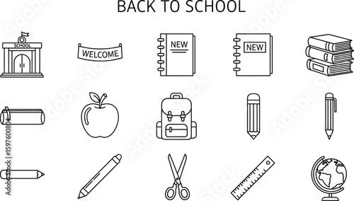 Vector art of a collection of linear back to school icons, including school building, books, and stationery