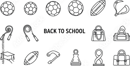 Vector art of a collection of sport and fitness icons for back to school, including balls, ropes, and sports equipment